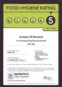 FOOD HYGIENE RATING  VERY GOOD Archers Of Norwich 179 Plumstead Road Norwich Norfolk