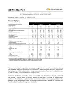 NEWS RELEASE CONTRANS ANNOUNCES THIRD QUARTER RESULTS (Woodstock, Ontario—O cto b er 2 7, [removed]TSX:CSS) Financial Highlights For the periods ended September 30