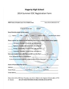 Hagerty High School 2014 Summer EOC Registration Form ______________________________