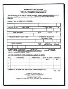 MEMBER CENSUS FORM LIGHT OF THE WORLO CHRISTIAN CHURCH OR. DAVID A. HAMPTON, SENIOR PASTOR