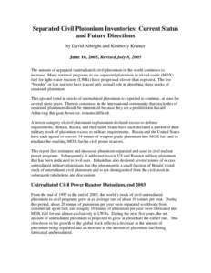 Separated Civil Plutonium Inventories: Current Status and Future Directions by David Albright and Kimberly Kramer June 10, 2005, Revised July 8, 2005 The amount of separated (unirradiated) civil plutonium in the world co