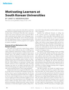 Motivating Learners at South Korean Universities BY JANET S. NIEDERHAUSER This article was first published in Volume 35, No[removed]Students at many universities often fail to reach their