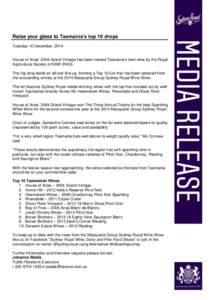 Raise your glass to Tasmania’s top 10 drops Tuesday 16 December, 2014 House of Arras‟ 2004 Grand Vintage has been named Tasmania‟s best wine by the Royal Agricultural Society of NSW (RAS). The top drop leads an all