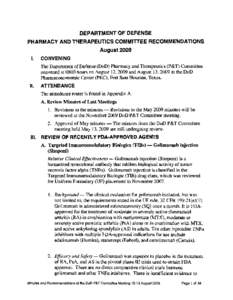 DEPARTMENT OF DEFENSE   PHARMACY AND THERAPEUTICS COMMITTEE RECOMMENDATIONS August 2009 I.
