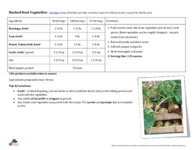 Mashed Root Vegetables – FareStart recipe (FareStart provides nutritious meals to childcare centers around the Seattle area) Ingredients 50 Servings  100 Servings