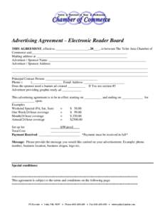 Advertising Agreement – Electronic Reader Board THIS AGREEMENT, effective, ____________________, 20____, is between The Yelm Area Chamber of Commerce and___________________________________________________________ Maili