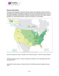 Resource Description The mean center of population is the place where an imaginary, flat, weightless, and rigid map of the United States would balance perfectly if all residents were of equal weight. Historically, the mo