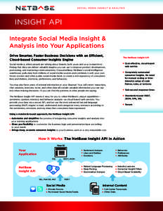 S O C I A L M E D I A I N S I G H T & A N A LY S I S  INSIGHT API Integrate Social Media Insight & Analysis into Your Applications Drive Smarter, Faster Business Decisions with an Efficient,