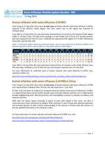 Avian Influenza Weekly Update Number[removed]Aug 2014 Human infection with avian influenza A (H5N1) From 9 Aug to 15 Aug 2014, there were no new cases of human infection with avian influenza A (H5N1) reported in the Weste