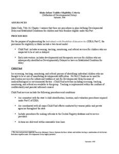 Idaho Infant Toddler Eligibility Criteria (Definition of Developmental Delay) September, 2008 ASSURANCES Idaho Code, Title 16, Chapter 1 assures that there are procedures in place defining Developmental