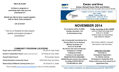 Huron Ontario Early Years Calendar of Activities: Exeter & Area, November, 2014.