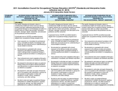 2011 Accreditation Council for Occupational Therapy Education (ACOTE®) Standards and Interpretive Guide (effective July 31, 2013) January 2012 Interpretive Guide Version STANDARD NUMBER