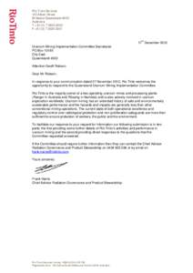 Rio Tinto: Recommencement of uranium mining in Queensland submission