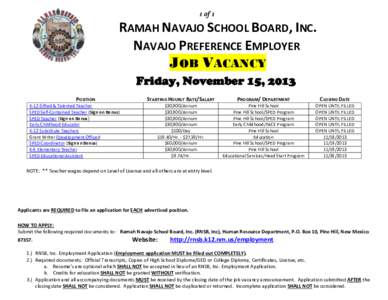 1 of 1  RAMAH NAVAJO SCHOOL BOARD, INC. NAVAJO PREFERENCE EMPLOYER JOB VACANCY Friday, November 15, 2013