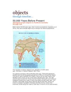 objects through timeline... 50,000 Years Before Present Aboriginal people migrate to Northern Australia through Asia Before about 50,000 years ago, when humans successfully migrated out of