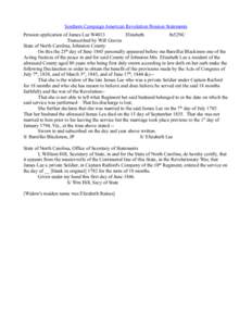 Southern Campaign American Revolution Pension Statements Pension application of James Lee W4013 Elizabeth fn52NC Transcribed by Will Graves State of North Carolina, Johnston County