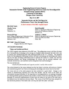 Engineering Research Centers Program  Summative Review of the Engineering Research Center for Reconfigurable Manufacturing Systems (RMS) University of Michigan Morgan State University