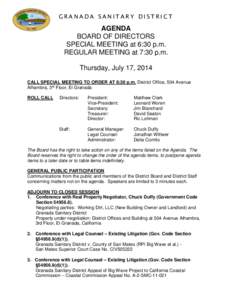 GRANADA SANITARY DISTRICT  AGENDA BOARD OF DIRECTORS SPECIAL MEETING at 6:30 p.m. REGULAR MEETING at 7:30 p.m.