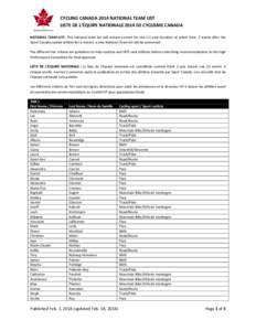 CYCLING CANADA 2014 NATIONAL TEAM LIST LISTE DE L’ÉQUIPE NATIONALE 2014 DE CYCLISME CANADA NATIONAL TEAM LIST: This national team list will remain current for one (1) year duration at which time, 2 weeks after the Spo