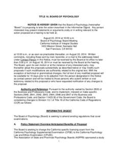 Board of Psychology - Regulation Notice