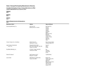 State of Georgia/Participating Manufacturers Directory Compliant Participating Tobacco Product Manufacturers (PMs) Listed by Manufacturer as of June 30, 2014 Additions: None Deletions: