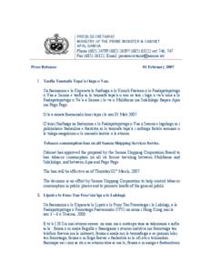 PRESS SECRETARIAT MINISTRY OF THE PRIME MINISTER & CABINET APIA, SAMOA Phone[removed][removed]63222 ext 746, 747 Fax[removed], Email: [removed] Press Releases