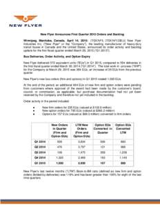 New Flyer Announces First Quarter 2015 Orders and Backlog Winnipeg, Manitoba, Canada, April 14, 2015: (TSX:NFI) (TSX:NFI.DB.U) New Flyer Industries Inc. (“New Flyer” or the “Company”), the leading manufacturer of