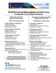 NCTM 2015 Annual Meeting Mailing List Order Forms Pre-Registration Lists for Exhibitors and Sponsors Send Postcards or Brochures to Highlight Your Brand in Boston!