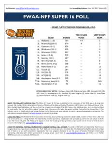 For Immediate Release: Nov. 19, 2017 (Week 12)  Poll Contact:  FWAA-NFF SUPER 16 POLL · GAMES PLAYED THROUGH NOVEMBER 18, 2017 ·