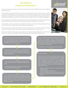 The Modern Classroom Experience As soon as you enter the classroom, you will see that the layout of the desks is different than the way a Traditional Classroom is laid out. You will see that the classroom experience is m