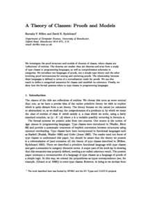 A Theory of Classes: Proofs and Models  Barnaby P. Hilken and David E. Rydeheardy Department of Computer S
ien
e, University of Man
hester, Oxford Road, Man
hester M13 9PL, U.K. email: der
s.man.a
.uk.
