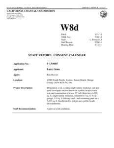 California Coastal Commission Staff Report and Recommendation Regarding Permit Application No[removed]Senn, Sunset Beach)