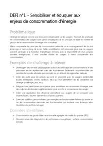 DEFI n°1 - Sensibiliser et éduquer aux enjeux de consommation d’énergie Problématique L’énergie est perçue comme une ressource indispensable par les usagers. Pourtant, les pratiques de consommation des usagers 