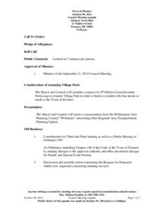 Town of Elsmere October 09, 2014 Council Meeting Agenda Elsmere Town Hall 11 Poplar Avenue Elsmere, DE 19805