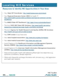 Locating HIE Services Resources to Identify HIE Opportunities in Your Area • Your State HIT Coordinator: http://statehieresources.org/contacts • Your Regional Extension Center (REC) for health IT: http://www.healthit