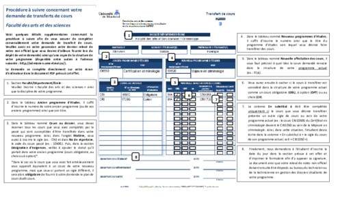 Procédure à suivre concernant votre demande de transferts de cours Faculté des arts et des sciences Voici quelques détails supplémentaires concernant la procédure à suivre afin de vous assurer de compléter conven