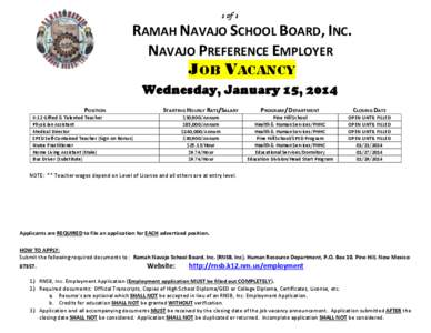 1 of 1  RAMAH NAVAJO SCHOOL BOARD, INC. NAVAJO PREFERENCE EMPLOYER JOB VACANCY Wednesday, January 15, 2014