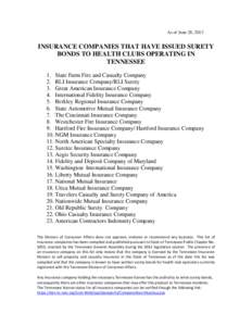 As of June 28, 2012  INSURANCE COMPANIES THAT HAVE ISSUED SURETY BONDS TO HEALTH CLUBS OPERATING IN TENNESSEE 1. State Farm Fire and Casualty Company