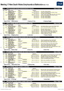 Meeting 17-New South Wales Greyhounds at Bathurst(Monday 14 Jul) R1 GBOTA BATHURST BRANCH MAIDEN MAIDEN $1185 307m  Starts 5:57pm