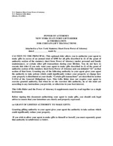 N.Y. Statutory Short Form Power of Attorney N.Y. Statutory Gifts Rider Effective[removed]POWER OF ATTORNEY NEW YORK STATUTORY GIFTS RIDER