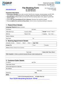 Fax Booking Form www.grip-nhs.co.uk Soho Centre for Health & Care 1 Frith Street, London, W1D 3HZ