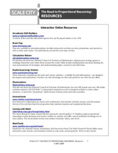 SCALE CITY  The Road to Proportional Reasoning: RESOURCES Interactive Online Resources