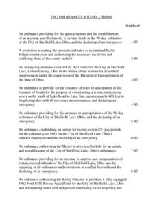 1983 ORDINANCES & RESOLUTIONS Ord/Res# An ordinance providing for the appropriations and the establishment of an account, and the transfer of certain funds in the 90-day ordinance of the City of Sheffield Lake, Ohio, and