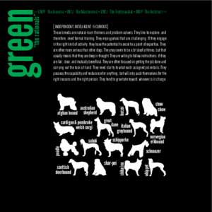 green  [ INDEPENDENT, INTELLIGENT, & CURIOUS] These breeds are natural-born thinkers and problem solvers. They like to explore, and therefore, need formal training. They enjoy games that are challenging. If they engage i