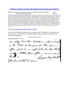 Southern Campaign American Revolution Pension Statements & Rosters Bounty Land Warrant information relating to Thomas Hutcheson VAS1687 Transcribed by Will Graves vsl[removed]