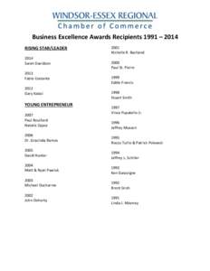 Business Excellence Awards Recipients 1991 – 2014 RISING STAR/LEADER 2014 Sarah Davidson 2013 Fabio Costante