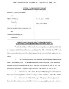 Certificate of Compliance with Provisions of the Antitrust Procedures and Penalties Act : U.S. and State of Texas v. Martin Marietta and Texas Industries