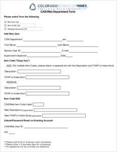 CASHNet Department Form Please select from the following: Add new user Item Code null Existing Accounts null