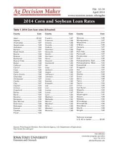 File A1-34 April 2014 www.extension.iastate.edu/agdm 2014 Corn and Soybean Loan Rates Table[removed]Corn loan rates ($/bushel)