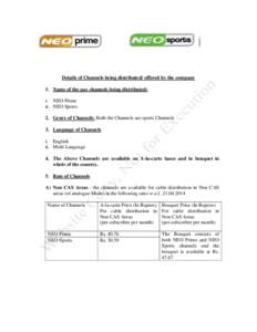 Details of Channels being distributed/ offered by the company 1. Name of the pay channels being distributed: i. NEO Prime ii. NEO Sports 2. Genre of Channels: Both the Channels are sports Channels 3. Language of Channels